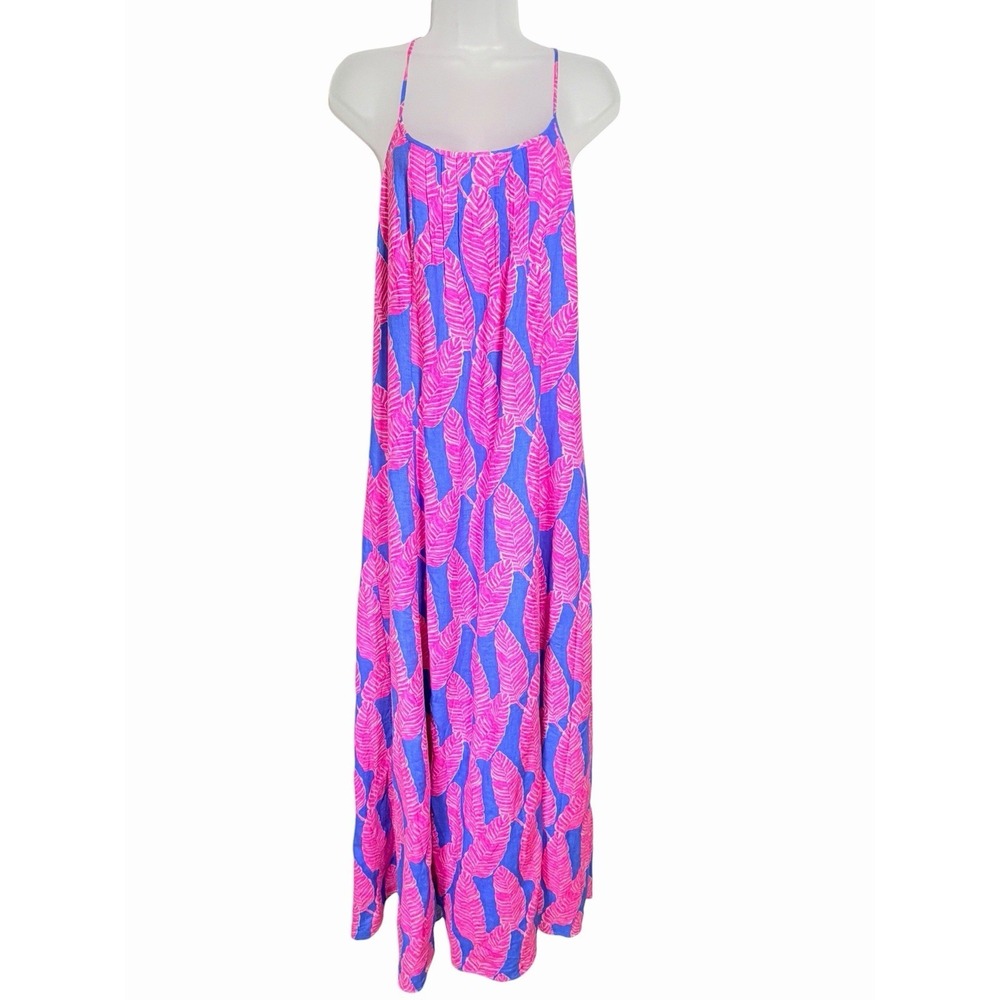 Vineyard Vines Linen Blend Maxi Dress Womens 2 Pink Blue Tropical Leaf Beach